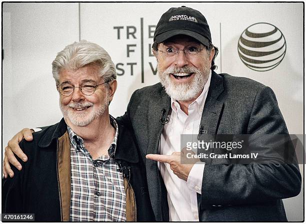 George Lucas and Stephen Colbert attend Tribeca Talks: Director Series: George Lucas With Stephen Colbert during the 2015 Tribeca Film Festival at...