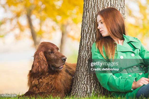 frau & haustier hund sitzen und entspannen sie zusammen im freien - irischer setter stock-fotos und bilder