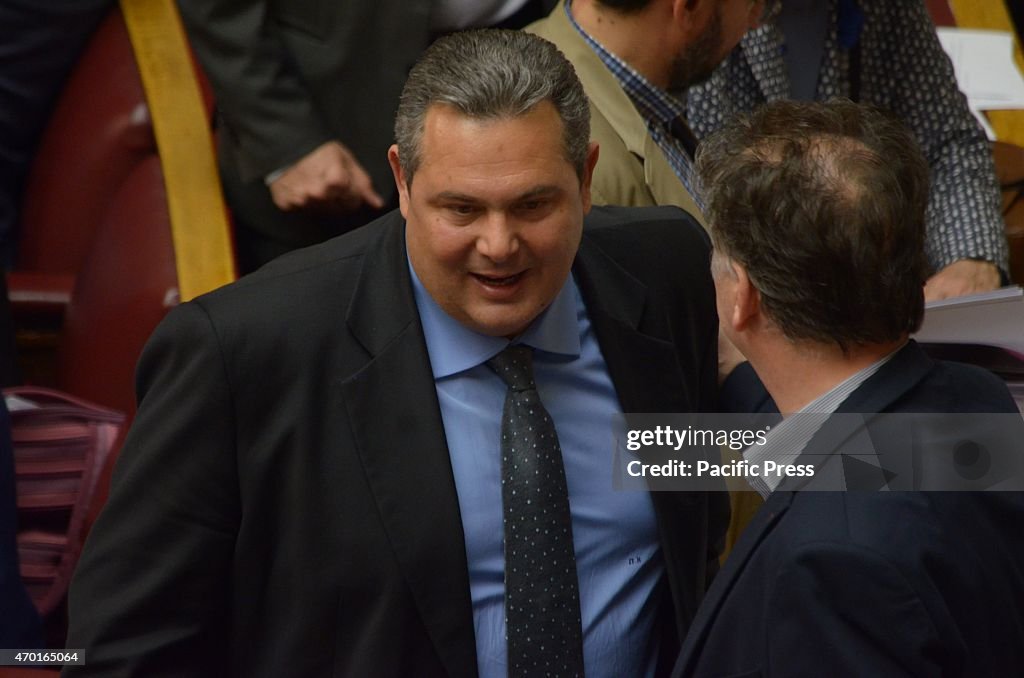 Greek Minister of National Defence Panos Kamenos enters the...