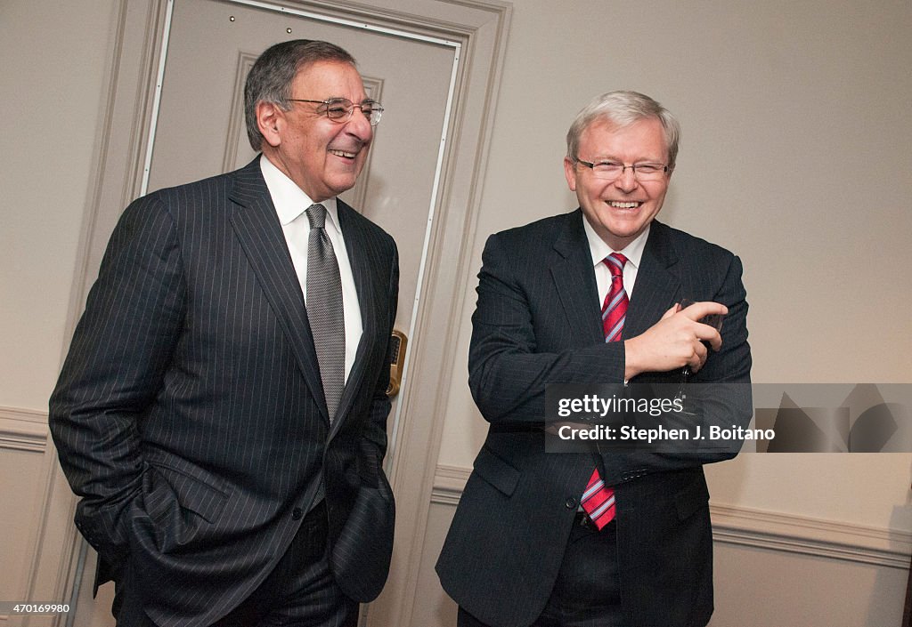 Australian Foreign Minister Kevin Rudd (right) meets with...