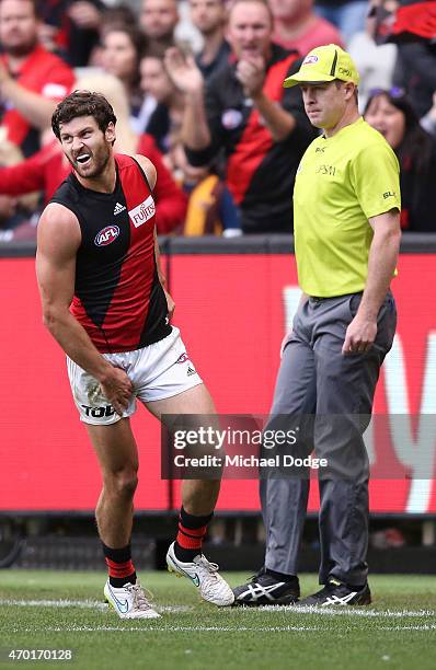 Ben Howlett of the Bombers reacts with groin pain after kicking a goal during the round three AFL match between the Carlton Blues and the Essendon...
