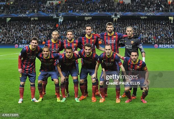 The Barcelona team are pictured before the start of a UEFA Champions League Last 16, first leg football match between Manchester City and Barcelona...