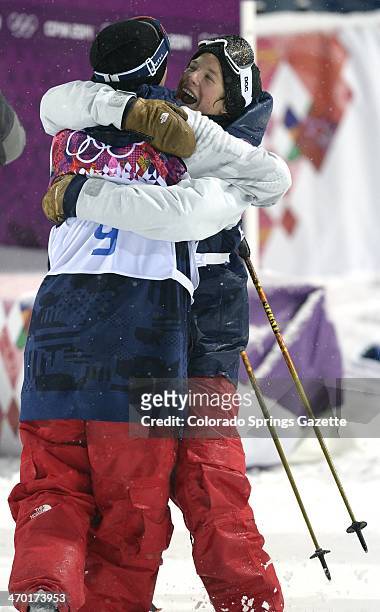 S Aaron Blunck, right, congratulates teammate David Wise, who won the men's ski halfpipe at Rosa Khutor Extreme Park during the Winter Olympics in...