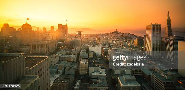 san francisco downtown aerial view at sunset, california - san francisco california street stock pictures, royalty-free photos & images