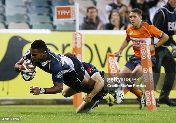 Henry Speight of the Brumbies scores a try during the round 10 Super Rugby match between the Brumbies and the Rebels at GIO Stadium on April 18, 2015...