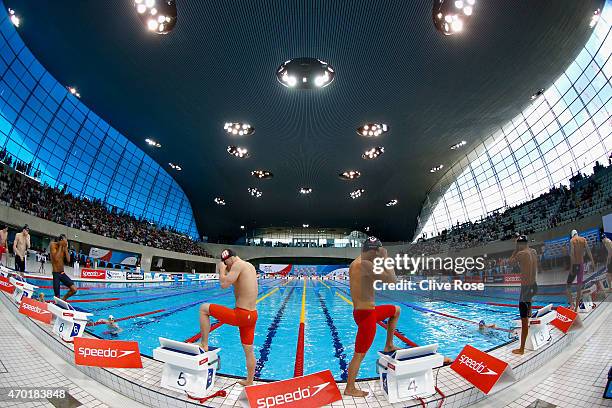 Sam Horrocks of Manchester Swimming and Adam Barrett of Loughboro University prepare to compete in the Men's 100m Butterfly heats on day five of the...