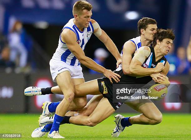 Angus Monfries of the Power competes for the ball during the round three AFL match between the North Melbourne Kangaroos and the Port Adelaide Power...