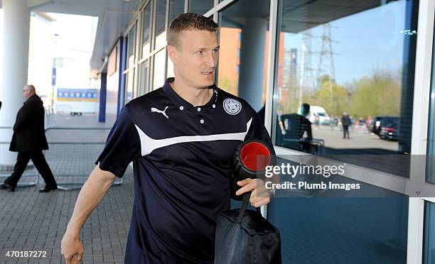 Robert Huth of Leicester City arrives at King Power Stadium ahead of the Premier League match between Leicester City and Swansea City at The King...