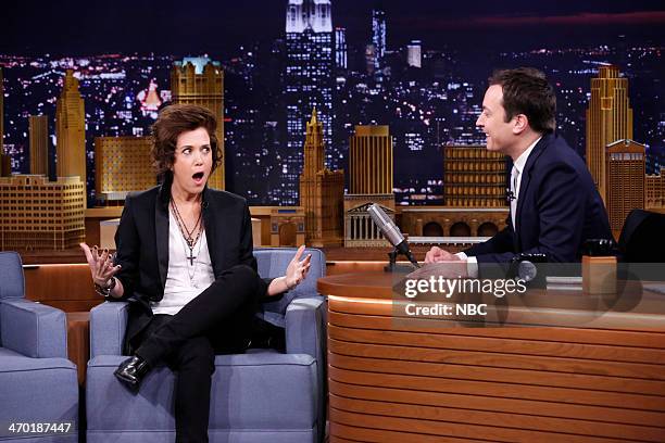 Episode 0002 -- Pictured: Actress Kristen Wiig during an interview with Jimmy Fallon on February 18, 2014 --