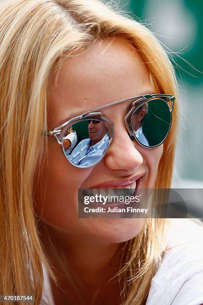 Ester Satorova, girlfriend of Tomas Berdych of Czech Republic looks on whilst he plays Gael Monfils of France in the semi finals during day seven of...