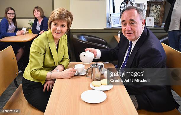 Leader Nicola Sturgeon and Alex Salmond campaign in the Gordon constituency on April 18, 2015 in Inverurie, Scotland. The First Minister joined Alex...