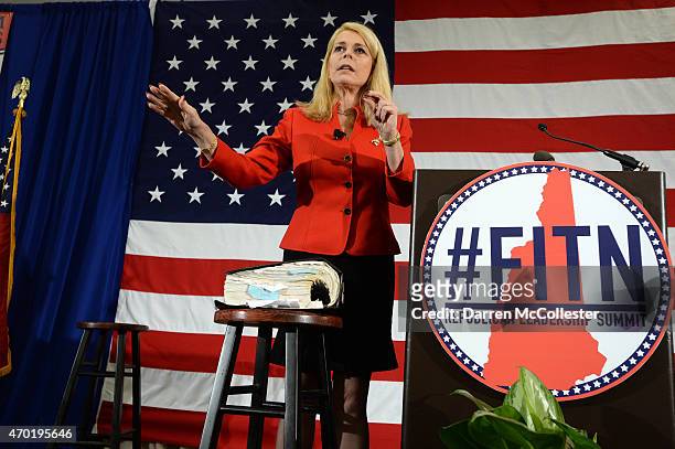 Former Lt. Gov. Betsy McCaughey, standing in front of the Affordable Care Act bill, speaks at the First in the Nation Republican Leadership Summit...