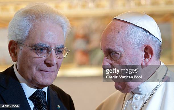 Pope Francis meets President of the Italian Republic Sergio Mattarella at his private library in the Apostolic Palace on April 18, 2015 in Vatican...