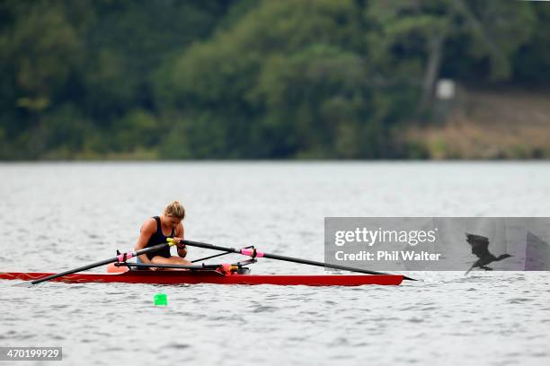 Georgia Perry of Waikato RPC 2 rests following the womens premier single sculls during the Bankstream New Zealand Rowing Championships at Lake...