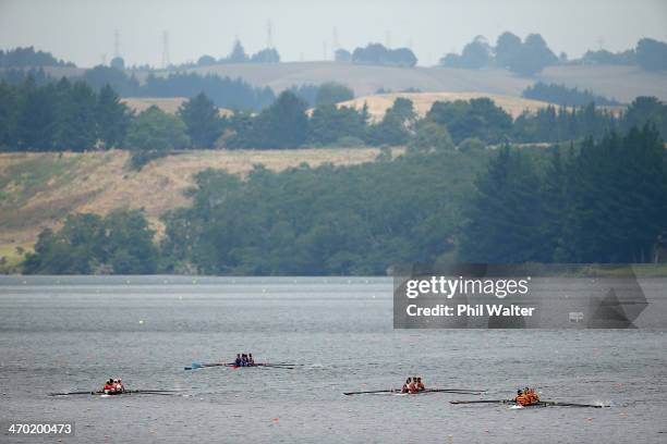 Crews compete in the womens club coxed four during the Bankstream New Zealand Rowing Championships at Lake Karapiro on February 19, 2014 in...