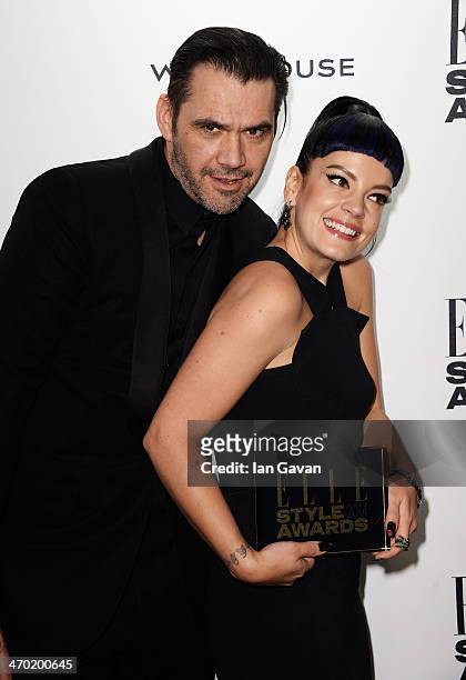 Roland Mouret and Lilly Allen poses in the winners room at the Elle Style Awards 2014 at one Embankment on February 18, 2014 in London, England.