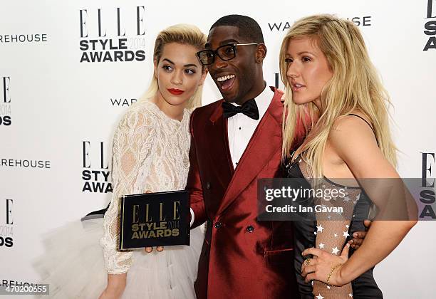 Rita Ora, Tinie Tempah and Ellie Goulding pose in the winners room at the Elle Style Awards 2014 at one Embankment on February 18, 2014 in London,...
