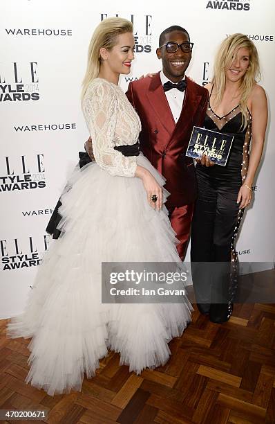 Rita Ora, Tinie Tempah and Ellie Goulding pose in the winners room at the Elle Style Awards 2014 at one Embankment on February 18, 2014 in London,...