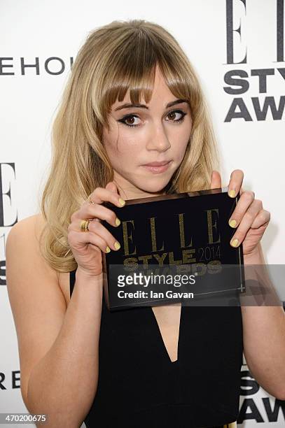 Suki Waterhouse poses in the winners room at the Elle Style Awards 2014 at one Embankment on February 18, 2014 in London, England.