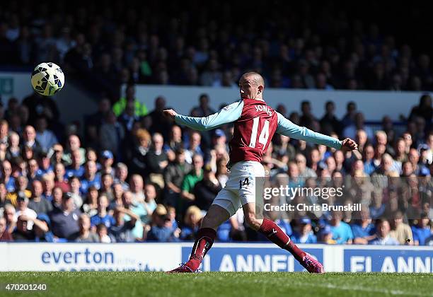 David Jones of Burnley shoots over during the Barclays Premier League match between Everton and Burnley at Goodison Park on April 18, 2015 in...