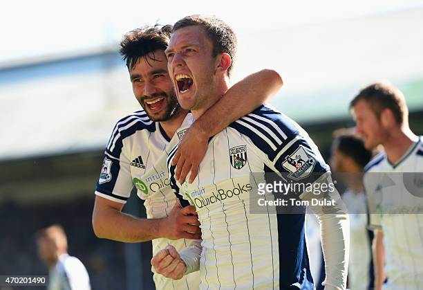 Craig Gardner of West Brom celebrates scoring their second goal with Claudio Yacob of West Brom during the Barclays Premier League match between...