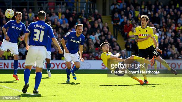 Craig Cathcart of Watford scores the first goal during the Sky Bet Championship match between Watford and Birmingham City at Vicarage Road on April...