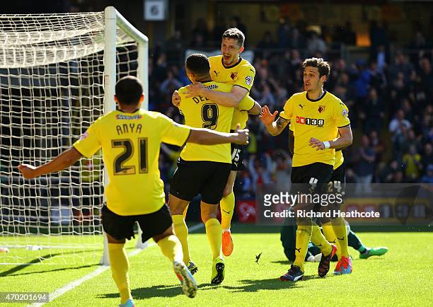 Craig Cathcart of Watford celebrates scoring the first goal during the Sky Bet Championship match between Watford and Birmingham City at Vicarage...
