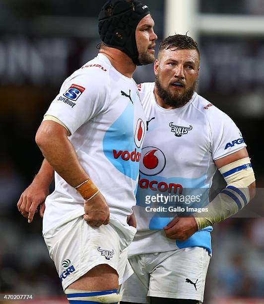 Flip van der Merwe with Dean Greyling of the Vodacom Blue Bulls during the Super Rugby match between Cell C Sharks and Vodacom Bulls at Growthpoint...