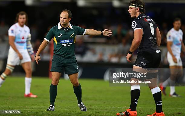 Referee Jaco Peyper during the Super Rugby match between Cell C Sharks and Vodacom Bulls at Growthpoint Kings Park on April 18, 2015 in Durban, South...