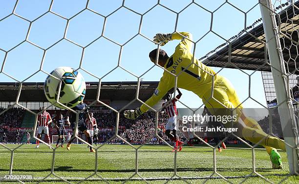 Mame Diouf of Stoke Ciy scores his team's first goal during the Barclays Premier League match between Stoke City and Southampton at the Britannia...