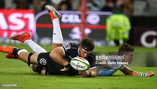 Marcell Coetzee of the Cell C Sharks going over for a try during the Super Rugby match between Cell C Sharks and Vodacom Bulls at Growthpoint Kings...