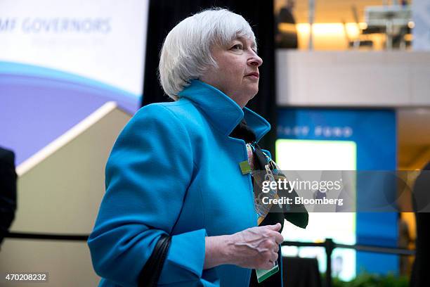 Janet Yellen, chair of the U.S. Federal Reserve, arrives to an International Monetary Fund Committee governors breakfast at the International...