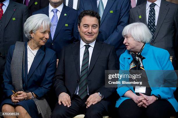 Janet Yellen, chair of the U.S. Federal Reserve, right, talks to Christine Lagarde, managing director of the International Monetary Fund , left,...