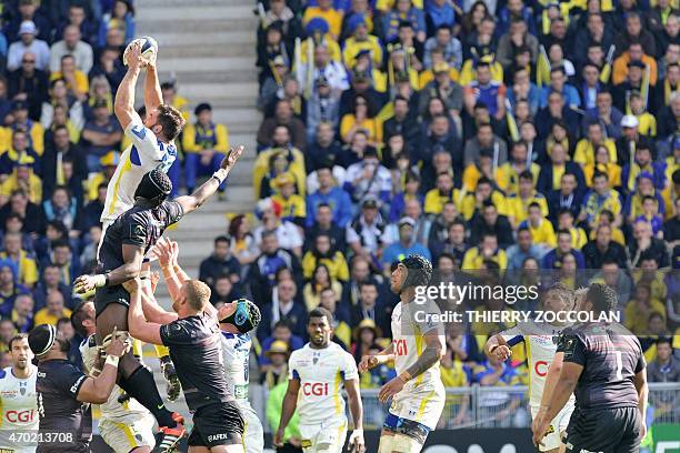 Clermont's Canadian lock Jamie Cudmore grabs the ball in a line out during the European Rugby Champions Cup semi-final match between Clermont and...