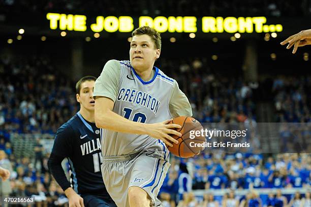 Grant Gibbs of the Creighton Bluejays drives to the basket during their game against the Villanova Wildcats at CenturyLink Center on February 16th,...