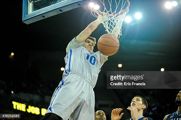 Grant Gibbs of the Creighton Bluejays drives to the basket during their game against the Villanova Wildcats at CenturyLink Center on February 16th,...