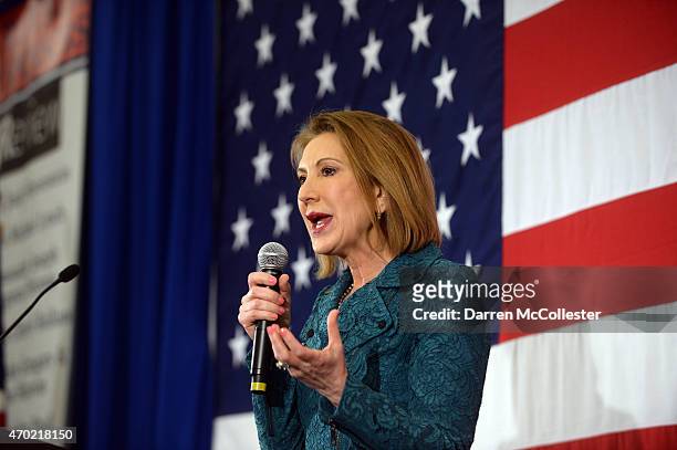 Former Hewlett Packard CEO Carly Fiorina speaks at the First in the Nation Republican Leadership Summit April 18, 2015 in Nashua, New Hampshire. The...