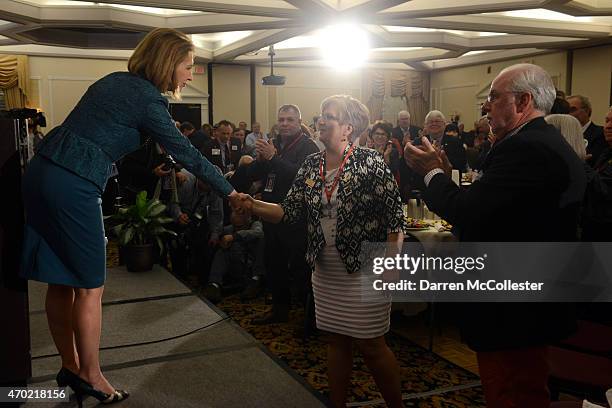 Former Hewlett Packard CEO Carly Fiorina speaks at the First in the Nation Republican Leadership Summit April 18, 2015 in Nashua, New Hampshire. The...