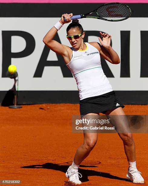 Paula Ormaechea of Argentina takes a forehand shot during a round 1 match between Paula Ormaechea of Argentina and Sara Sorribes Tormo of Spain as...