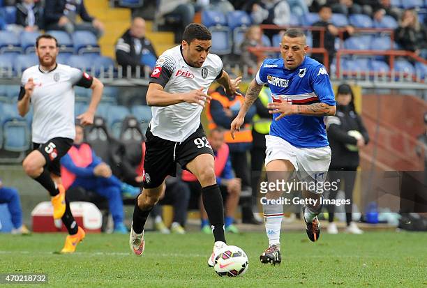 Gegoire Defrel of Cesena and Angelo Palombo of Sampdoria compete for the ball during the Serie A match between UC Sampdoria and AC Cesena at Stadio...