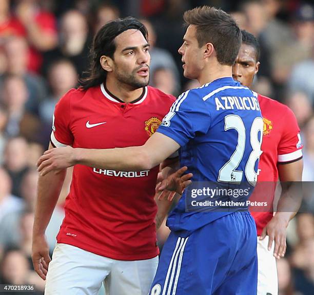 Radamel Falcao of Manchester United in action with Cesar Azpilicueta of Chelsea during the Barclays Premier League match between Chelsea and...