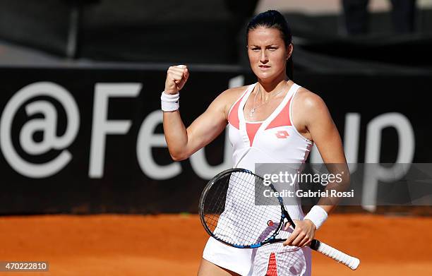 Lara Arruabarrena of Spain celebrates after winning a round 2 match between Maria Irigoyen of Argentina and Lara Arruabarrena of Spain as part of...