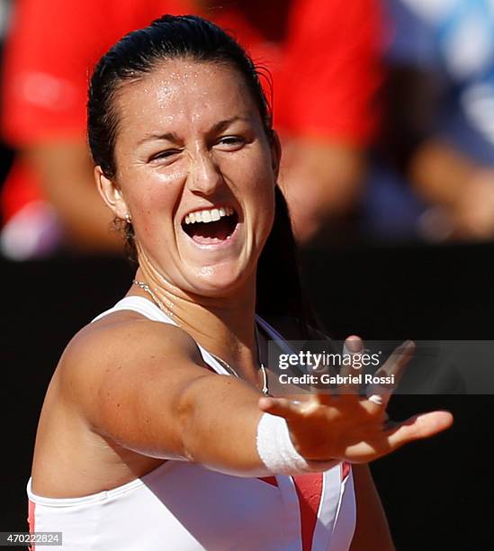 Lara Arruabarrena of Spain celebrates after winning a round 2 match between Maria Irigoyen of Argentina and Lara Arruabarrena of Spain as part of...