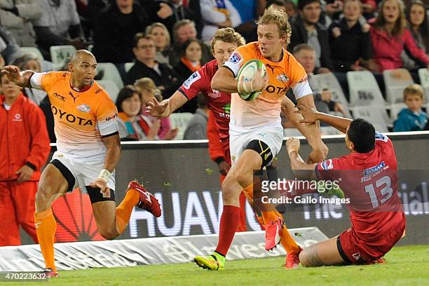 Coenie van Wyk and Cornal Hendricks of the Toyota Cheetahs in action during the Super Rugby match between Toyota Cheetahs and Reds at Free State...