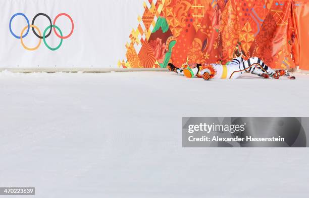 Stefan Luitz of Germany reacts during the Alpine Skiing Men's Giant Slalom on day 12 of the Sochi 2014 Winter Olympics at Rosa Khutor Alpine Center...