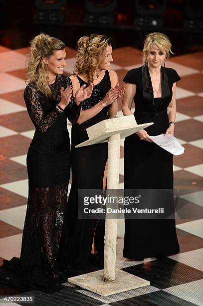 Luciana Littizzetto, Tania Cagnotto and Francesca Dallape attend opening night of the 64th Festival di Sanremo 2014 at Teatro Ariston on February 18,...