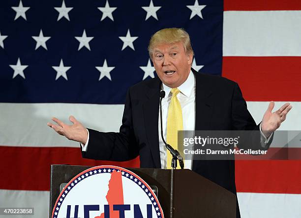 Donald Trump speaks at the First in the Nation Republican Leadership Summit April 18, 2015 in Nashua, New Hampshire. The Summit brought together...