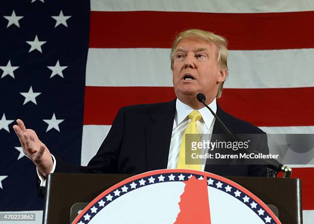 Donald Trump speaks at the First in the Nation Republican Leadership Summit April 18, 2015 in Nashua, New Hampshire. The Summit brought together...