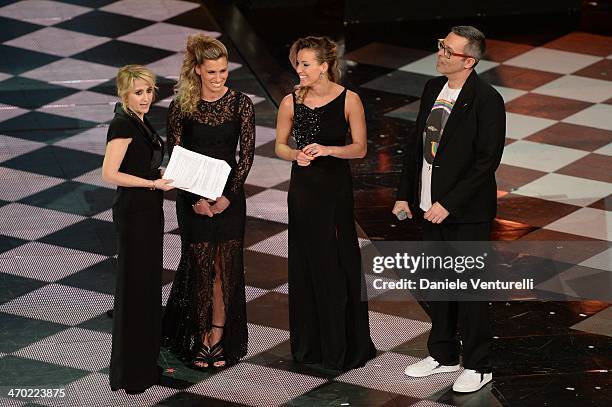 Luciana Littizzetto, Tania Cagnotto, Francesca Dallape and Frankie Hi-Nrg mc attend opening night of the 64th Festival di Sanremo 2014 at Teatro...