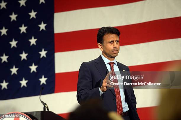 Louisiana Gov. Bobby Jindal speaks at the First in the Nation Republican Leadership Summit April 18, 2015 in Nashua, New Hampshire. The Summit...